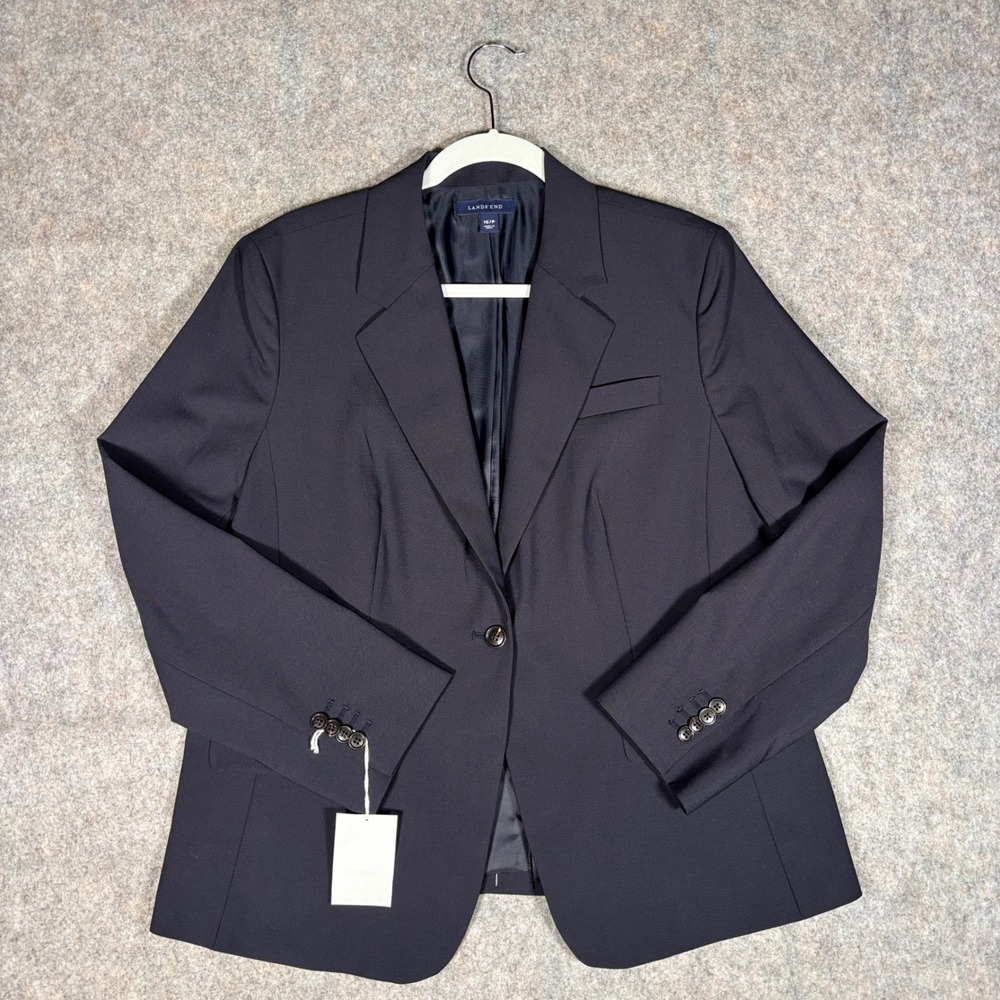 Lands End Blazer Women 16P Navy Wool Blend Single Button Professional Jacket